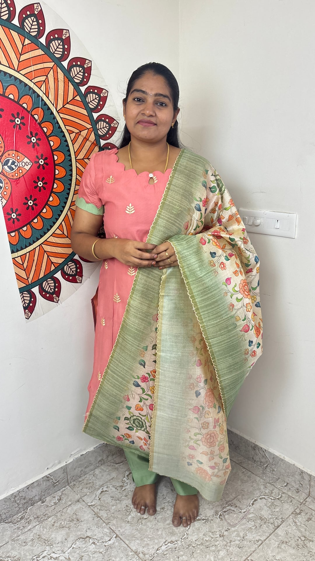 Peach Vertican Silk Salwar Set, photograph 2 of 3
