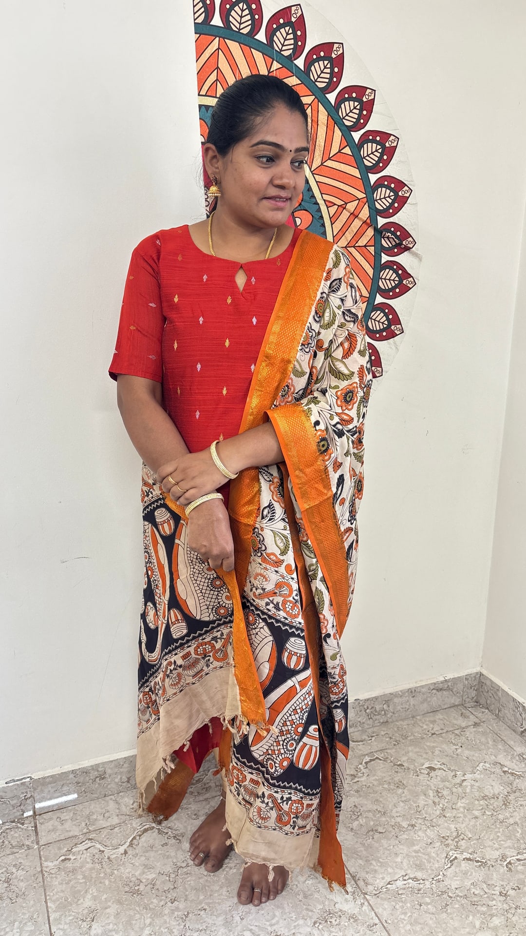 Orange Raw Silk Top with Kalamkari Dupatta, photograph 2 of 4