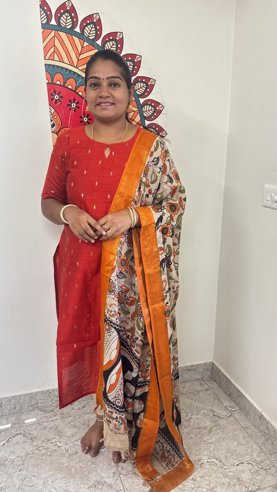 Orange Raw Silk Top with Kalamkari Dupatta, photograph 3 of 4