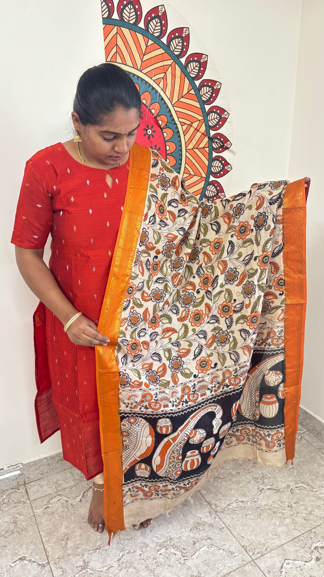 Orange Raw Silk Top with Kalamkari Dupatta, photograph 4 of 4