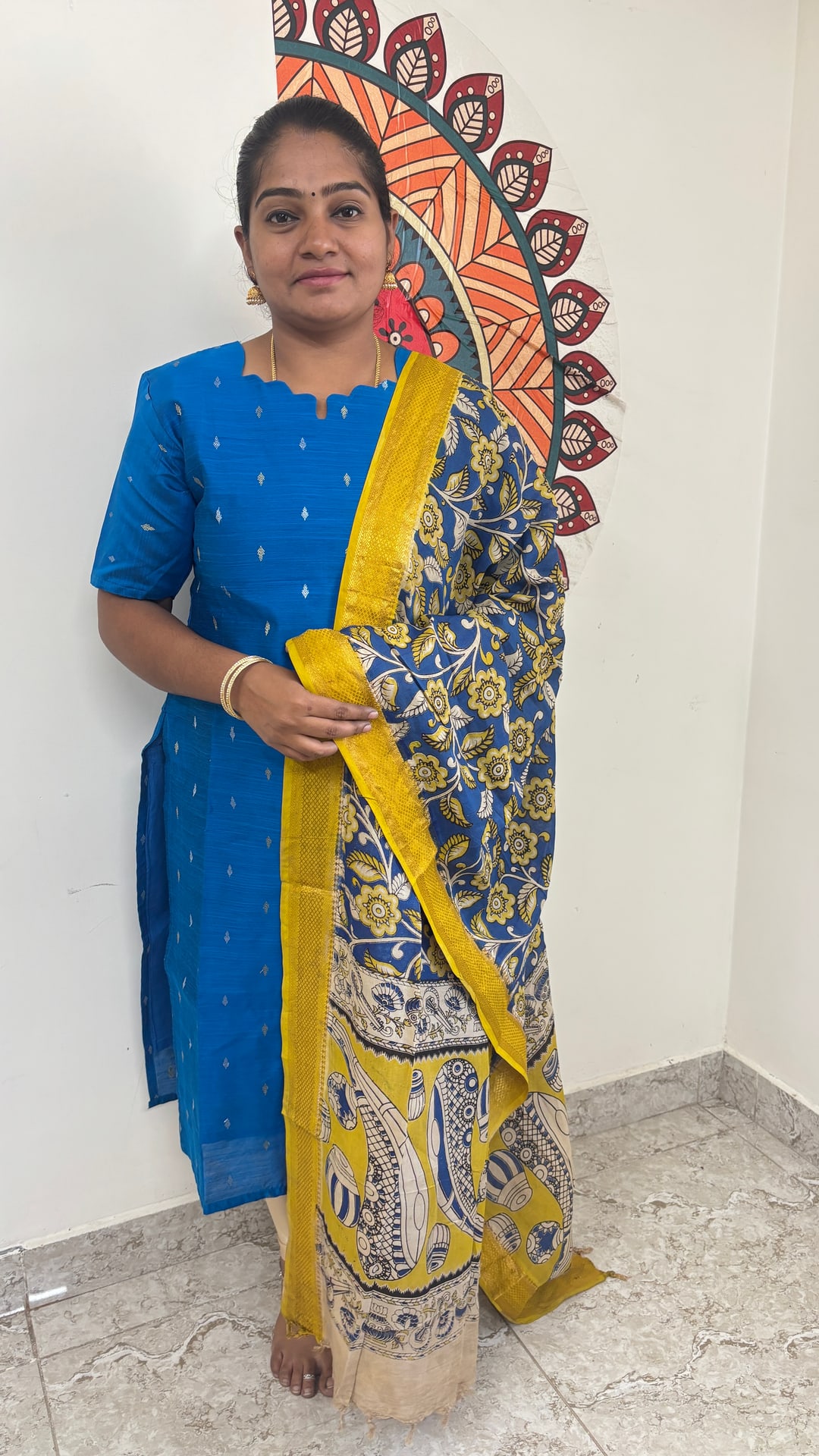 Blue Raw Silk Top with Kalamkari Dupatta