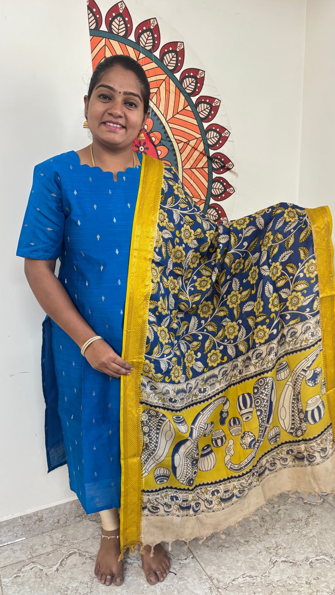 Blue Raw Silk Top with Kalamkari Dupatta, photograph 2 of 3