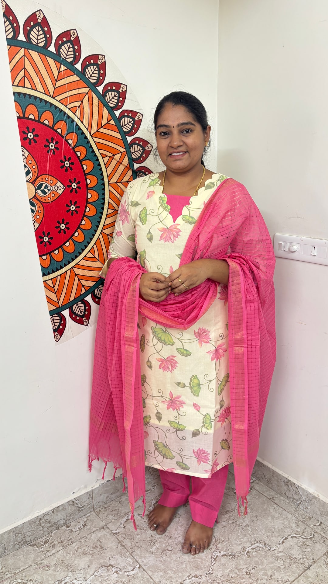 Lotus Print Cotton Salwar Set in Pink