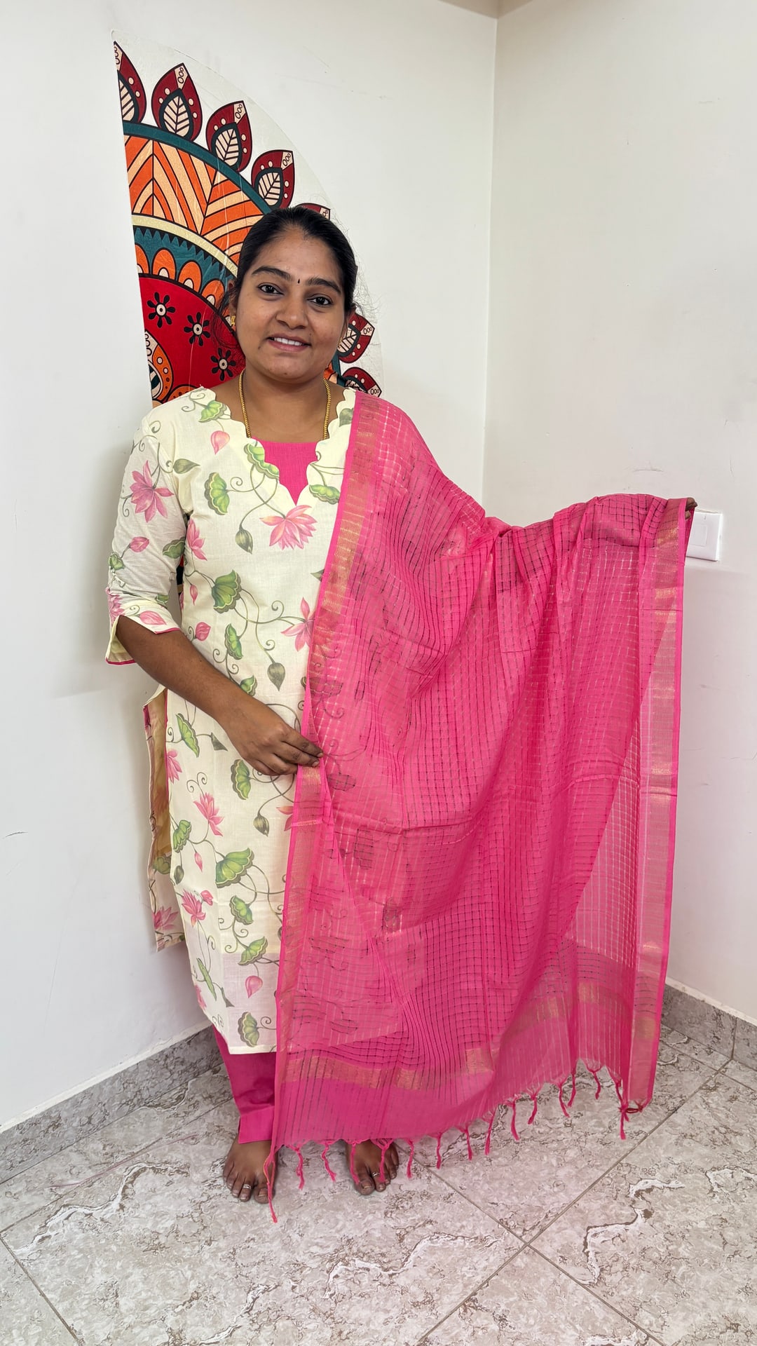 Lotus Print Cotton Salwar Set in Pink, photograph 2 of 3
