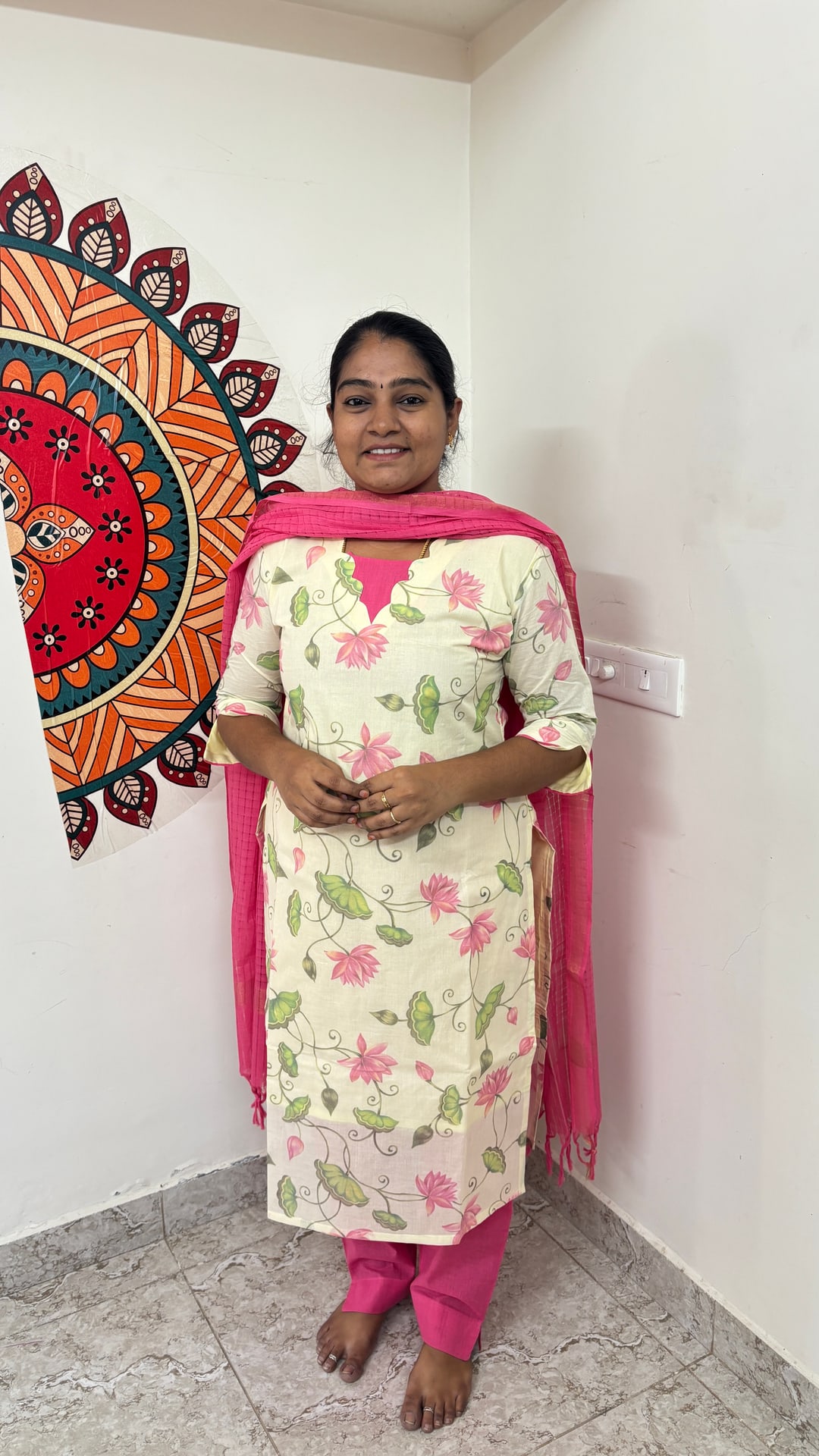 Lotus Print Cotton Salwar Set in Pink, photograph 3 of 3