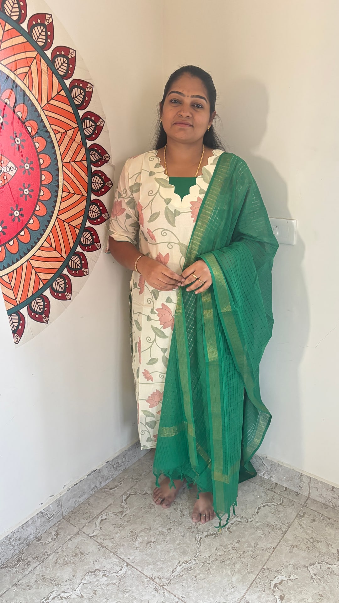 Lotus Print Cotton Salwar Set in Green