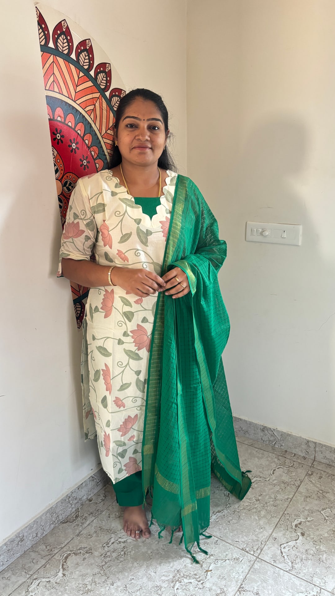 Lotus Print Cotton Salwar Set in Green, photograph 2 of 5