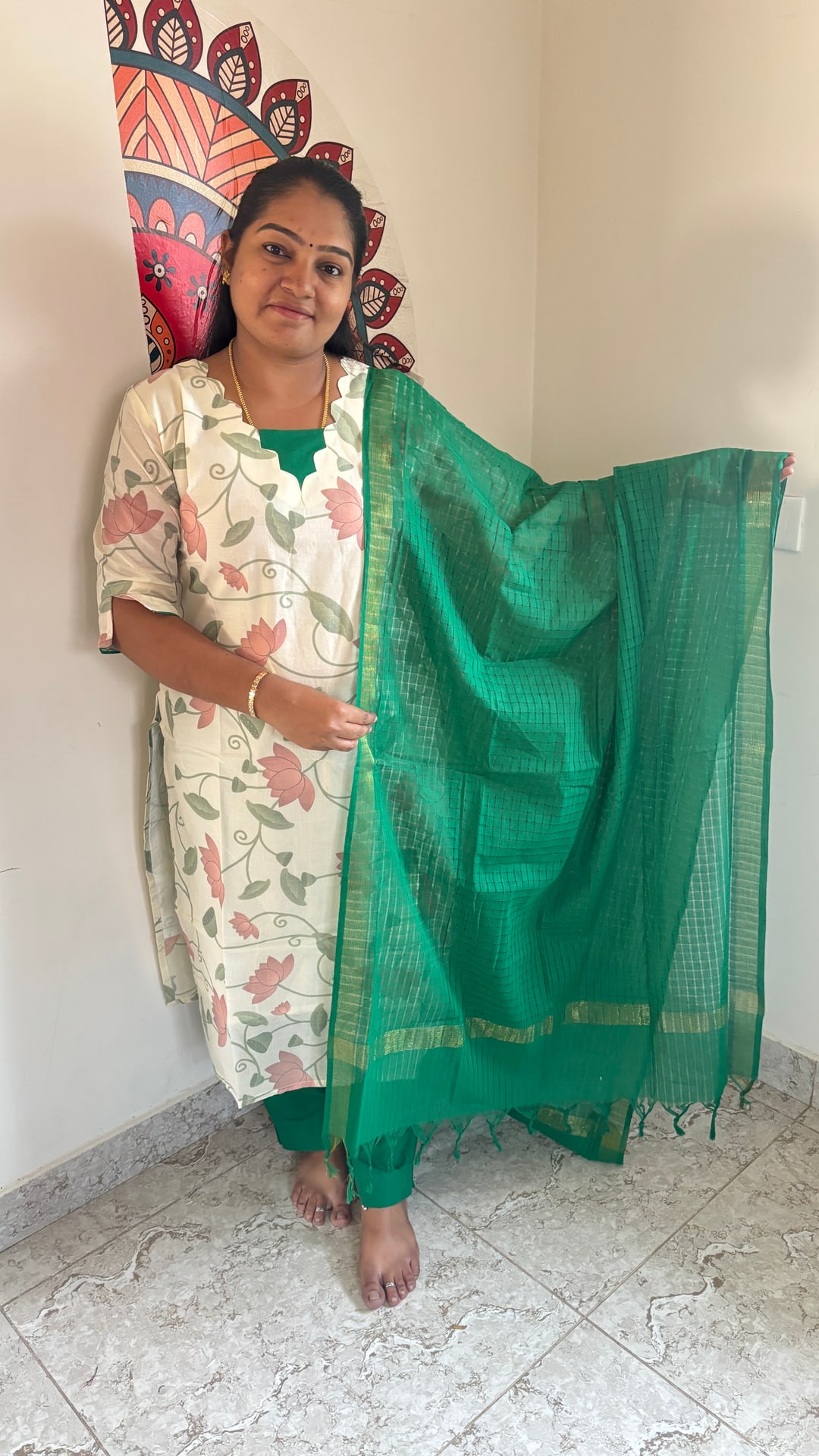 Lotus Print Cotton Salwar Set in Green, photograph 3 of 5