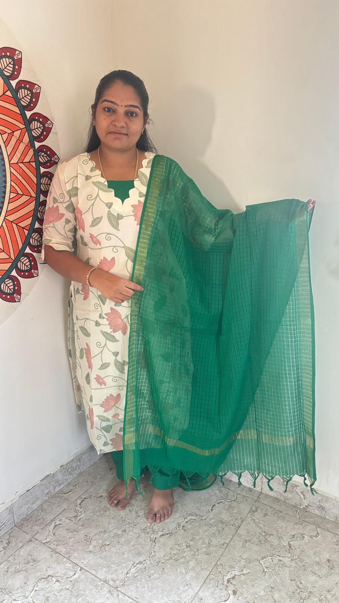 Lotus Print Cotton Salwar Set in Green, photograph 4 of 5
