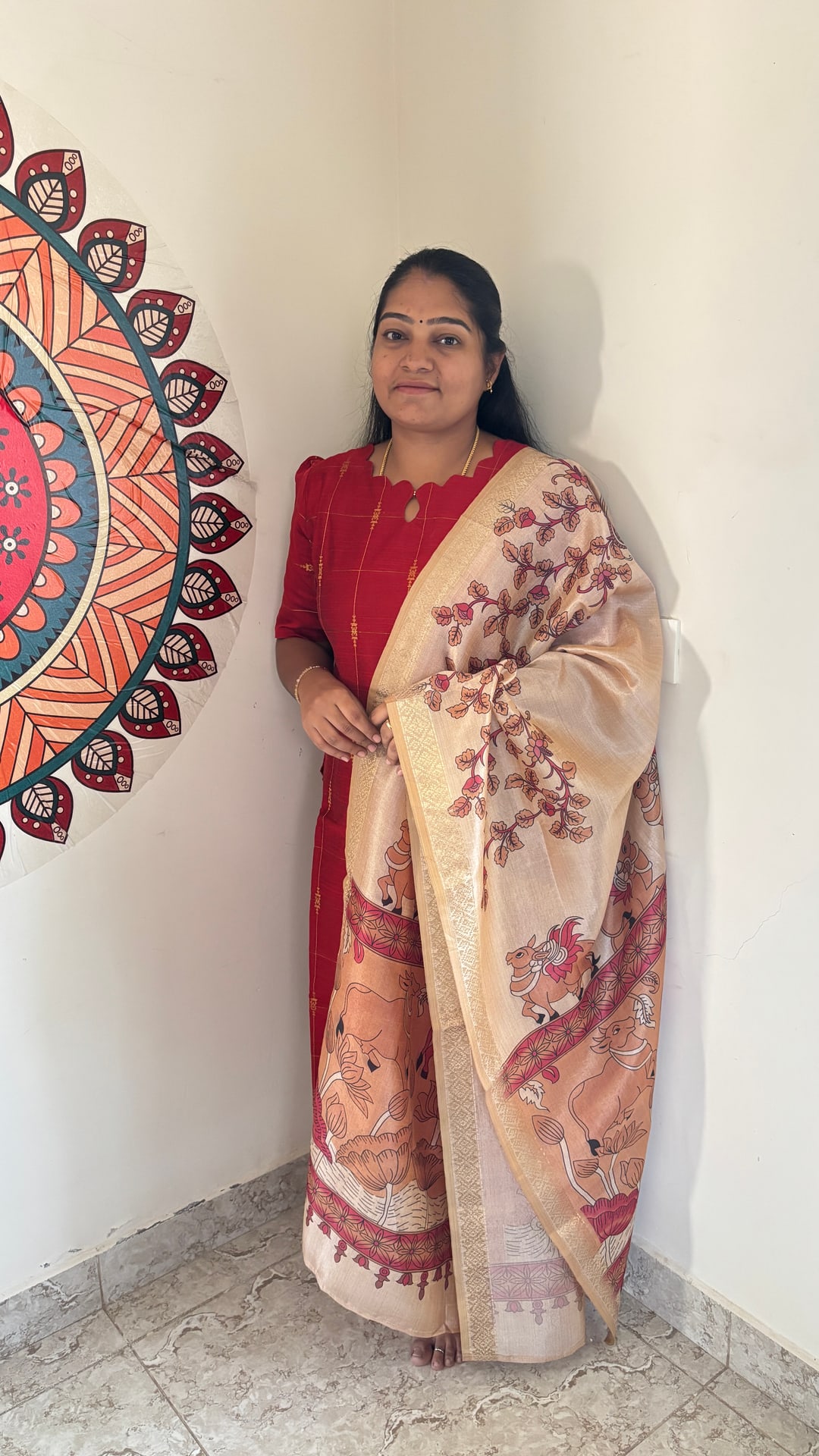 Red Raw Silk Salwar Set with Pichwai Dupatta, photograph 2 of 5