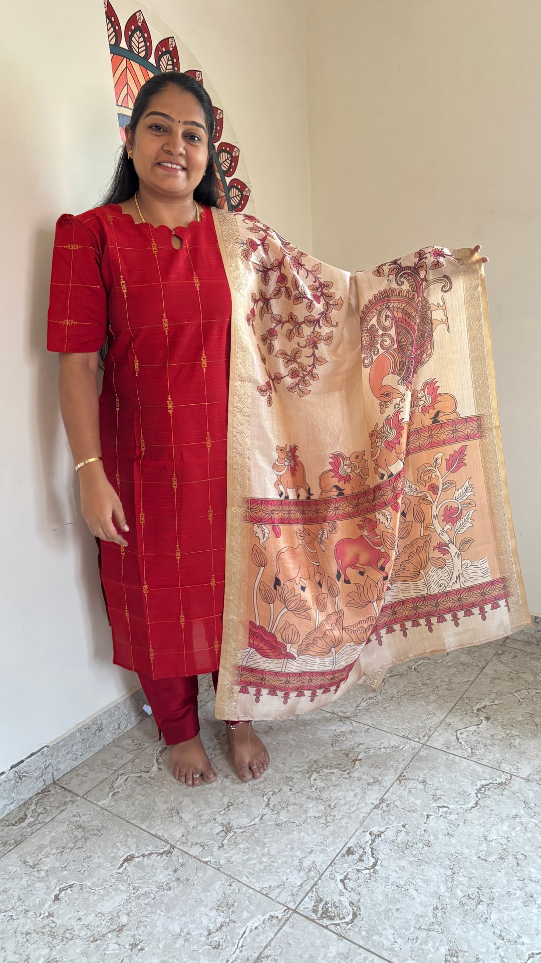 Red Raw Silk Salwar Set with Pichwai Dupatta, photograph 3 of 5