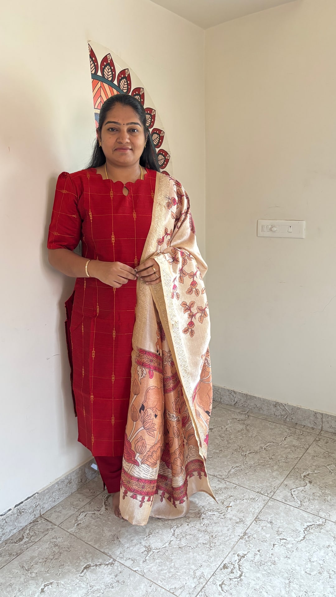Red Raw Silk Salwar Set with Pichwai Dupatta, photograph 4 of 5