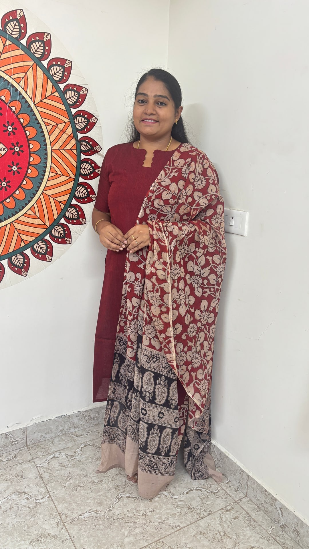 Maroon Kalamkari Cotton Three Piece Set