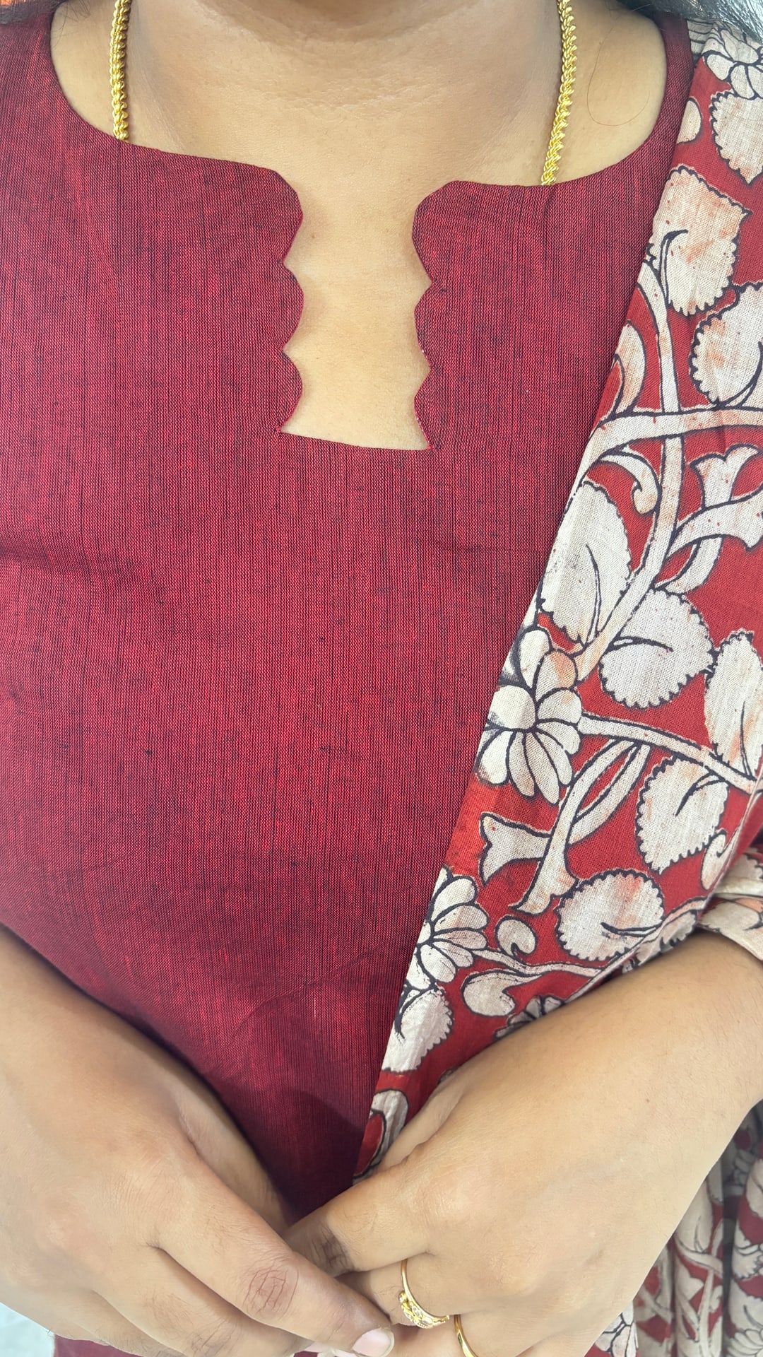 Maroon Kalamkari Cotton Three Piece Set, photograph 2 of 6