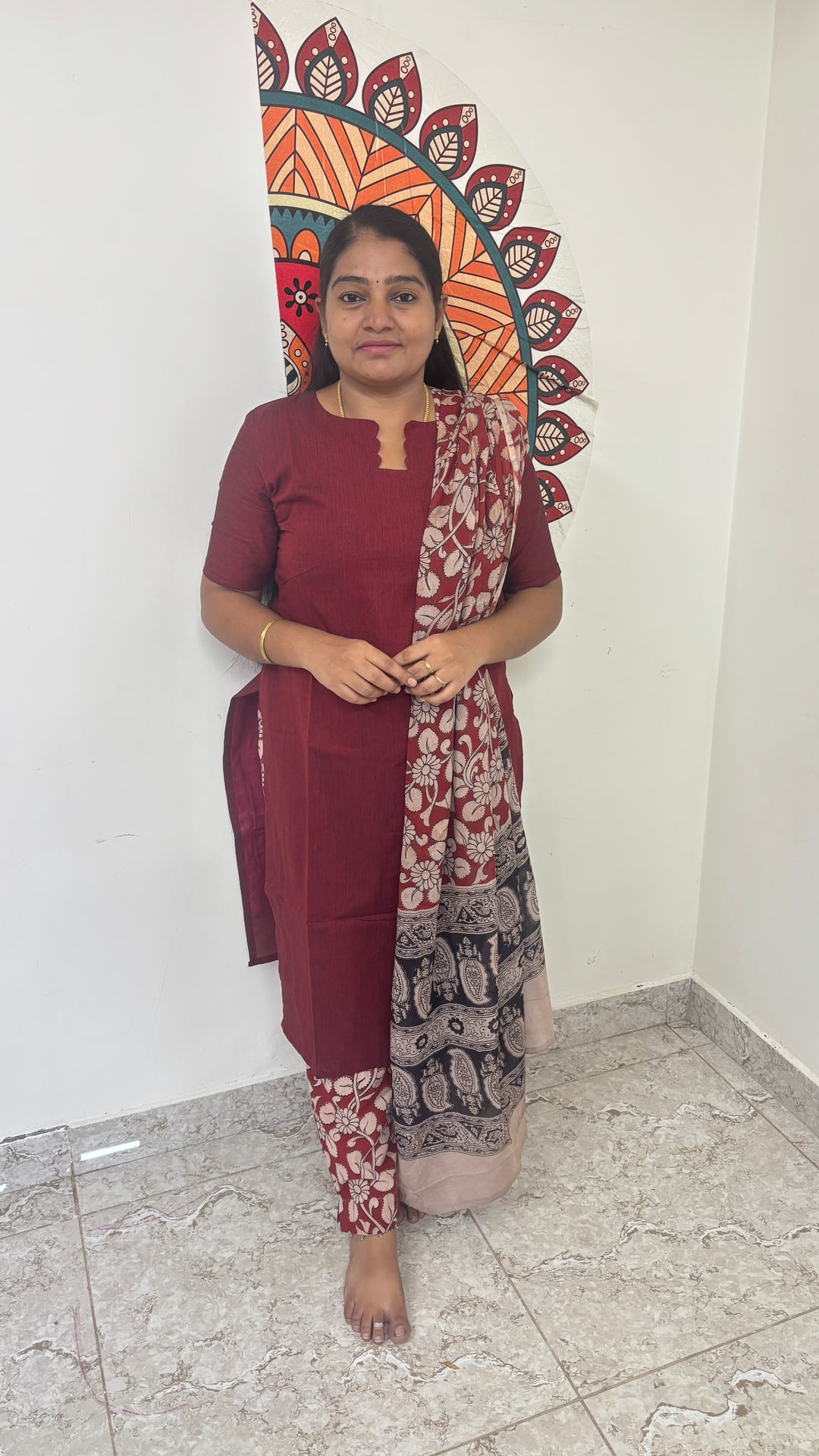 Maroon Kalamkari Cotton Three Piece Set, photograph 4 of 6