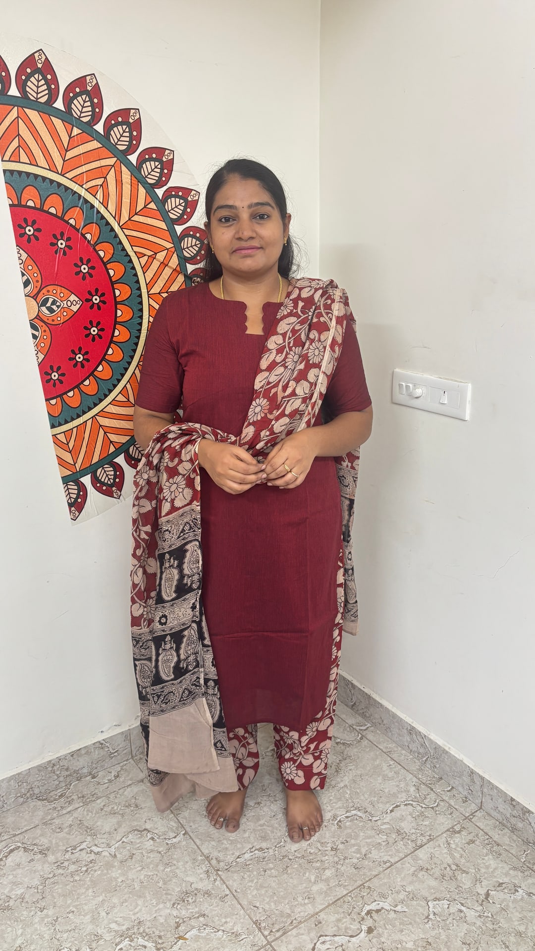 Maroon Kalamkari Cotton Three Piece Set, photograph 5 of 6