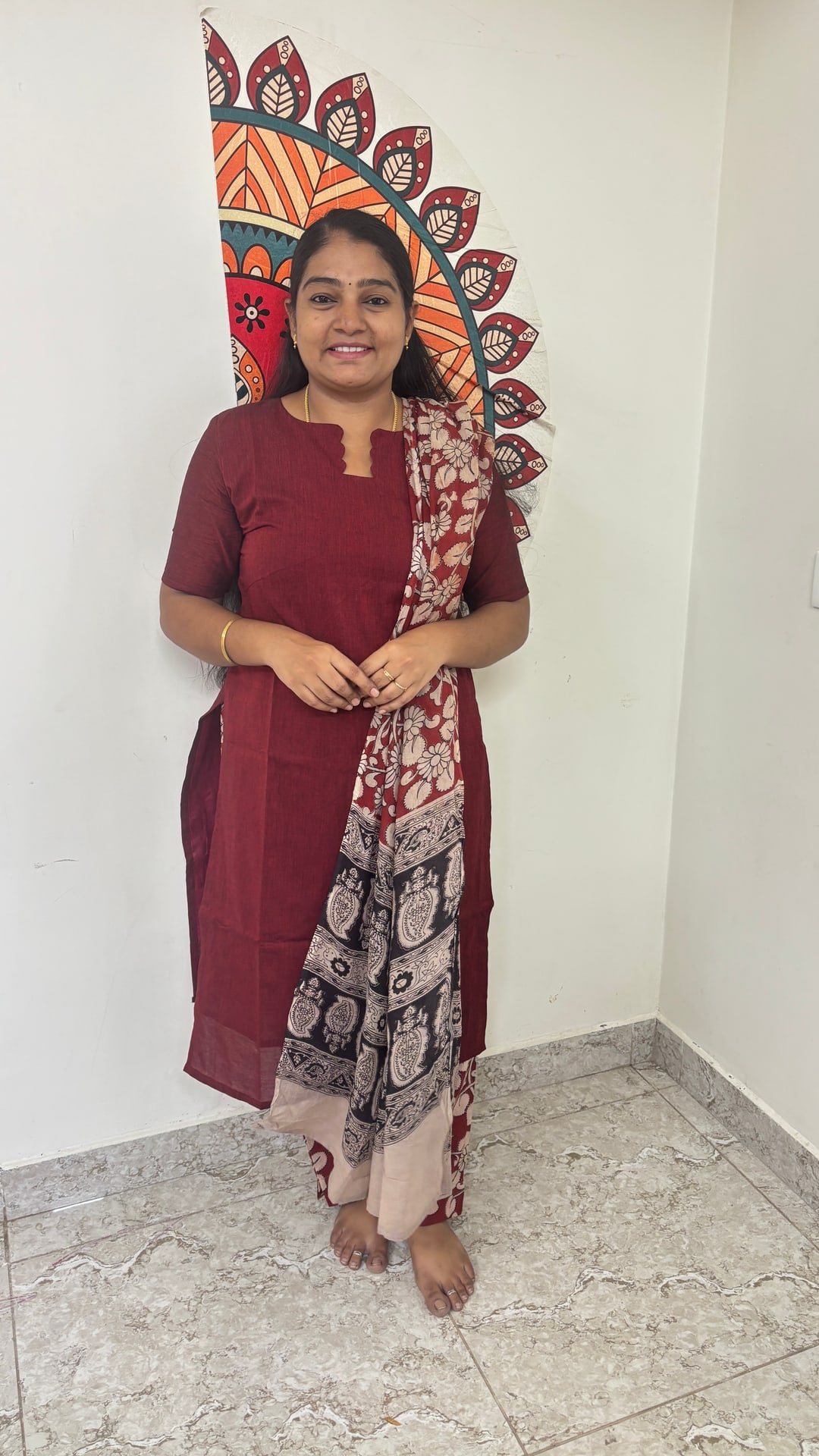 Maroon Kalamkari Cotton Three Piece Set, photograph 6 of 6