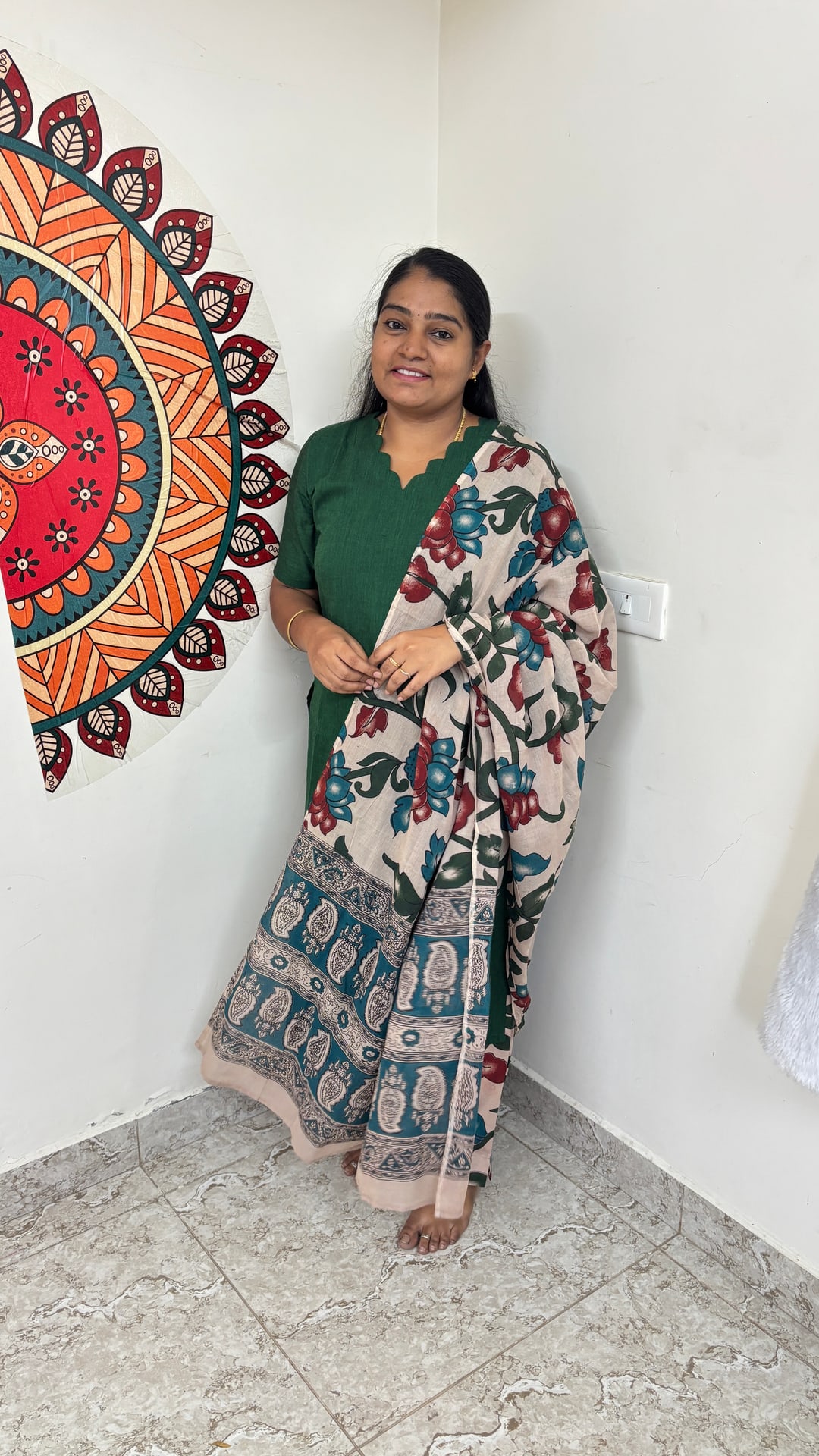 Green Kalamkari Cotton Three Piece Set