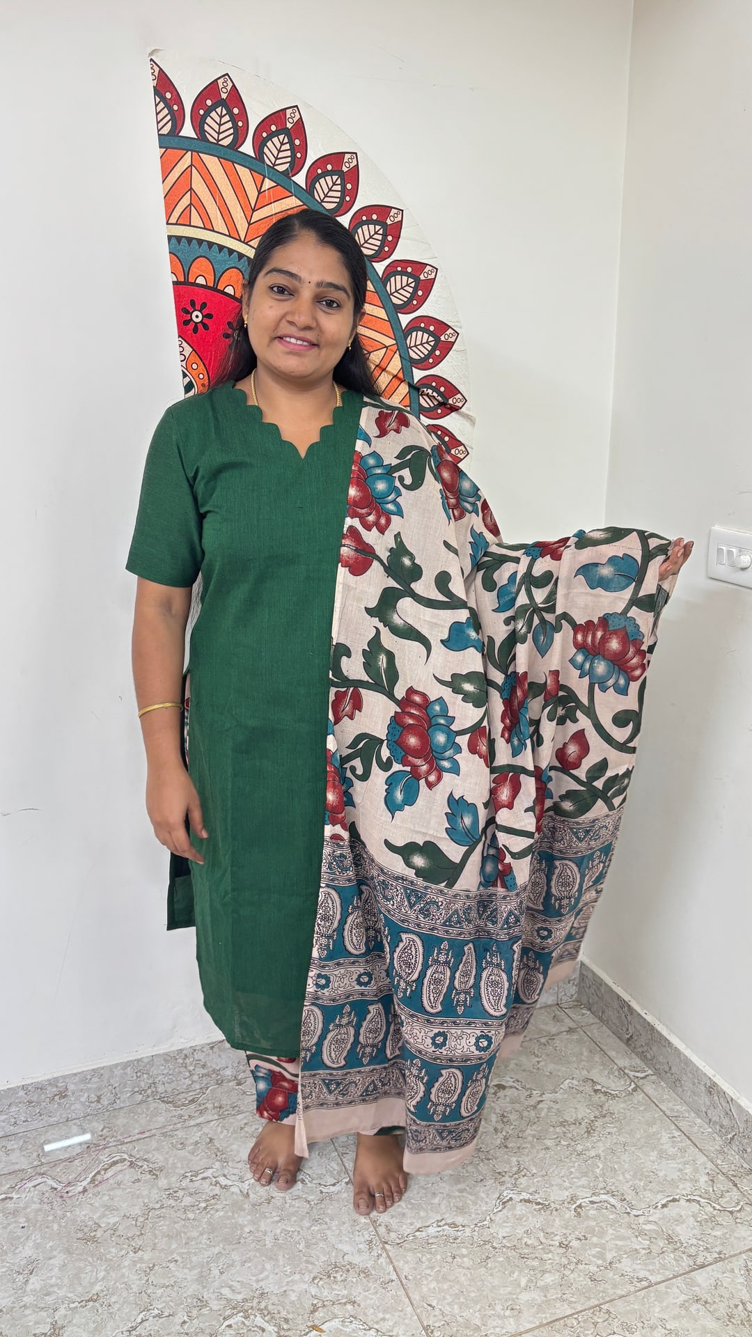 Green Kalamkari Cotton Three Piece Set, photograph 2 of 5