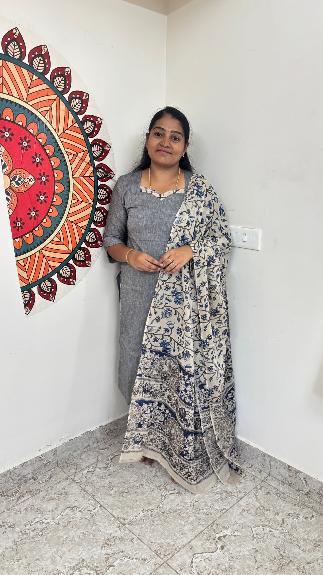 Grey Kalamkari Cotton Three Piece Set