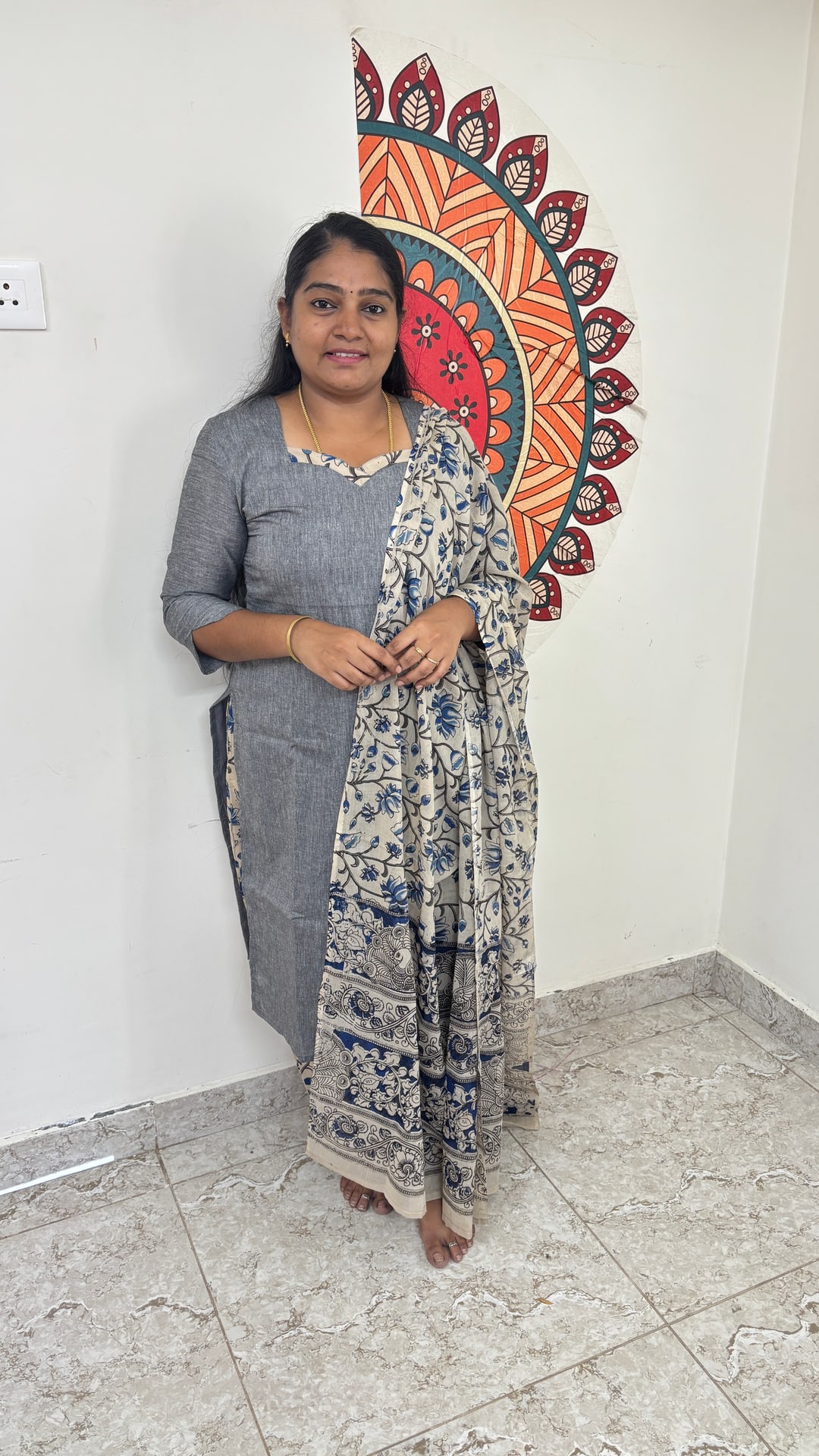 Grey Kalamkari Cotton Three Piece Set, photograph 2 of 5