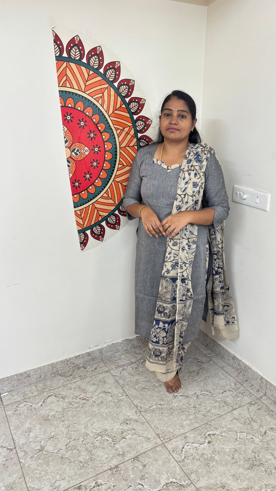 Grey Kalamkari Cotton Three Piece Set, photograph 3 of 5