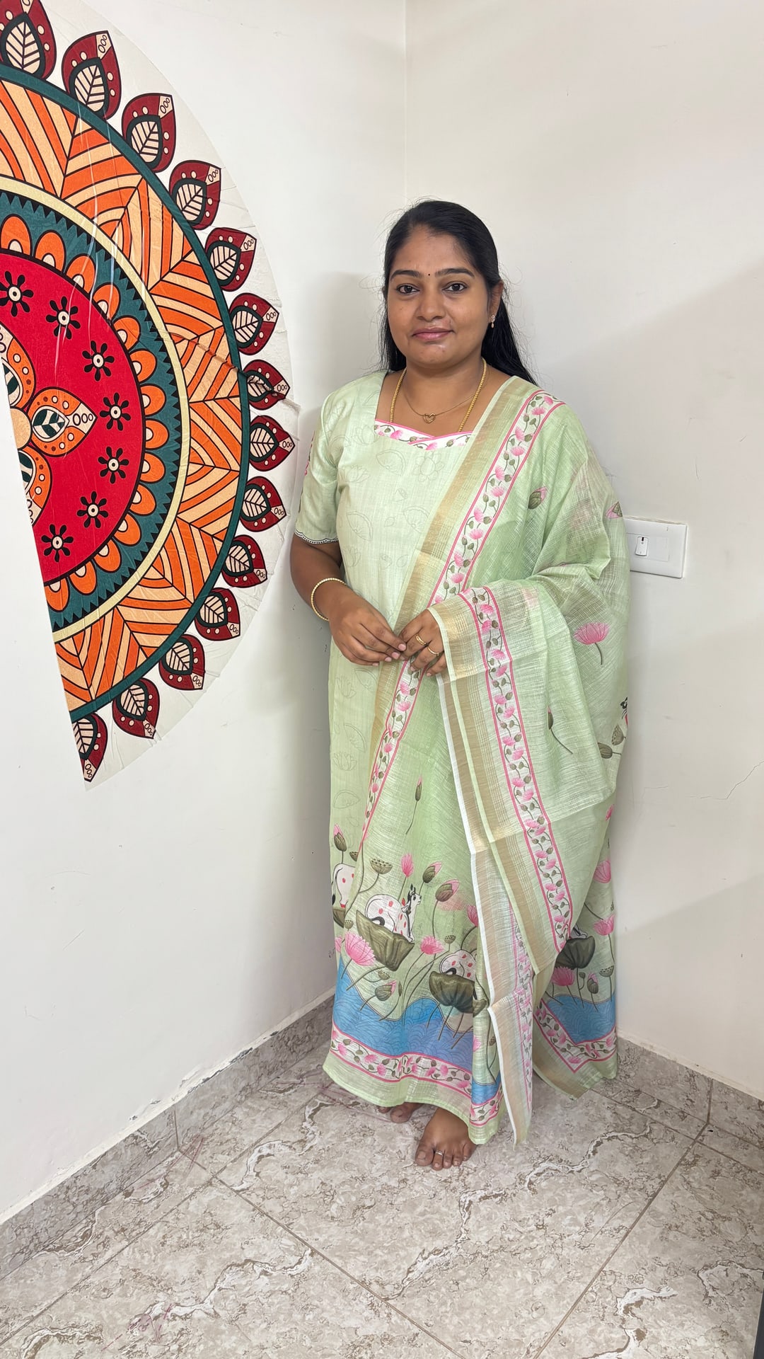Pista Green Linen Cotton Salwar Set, photograph 2 of 6