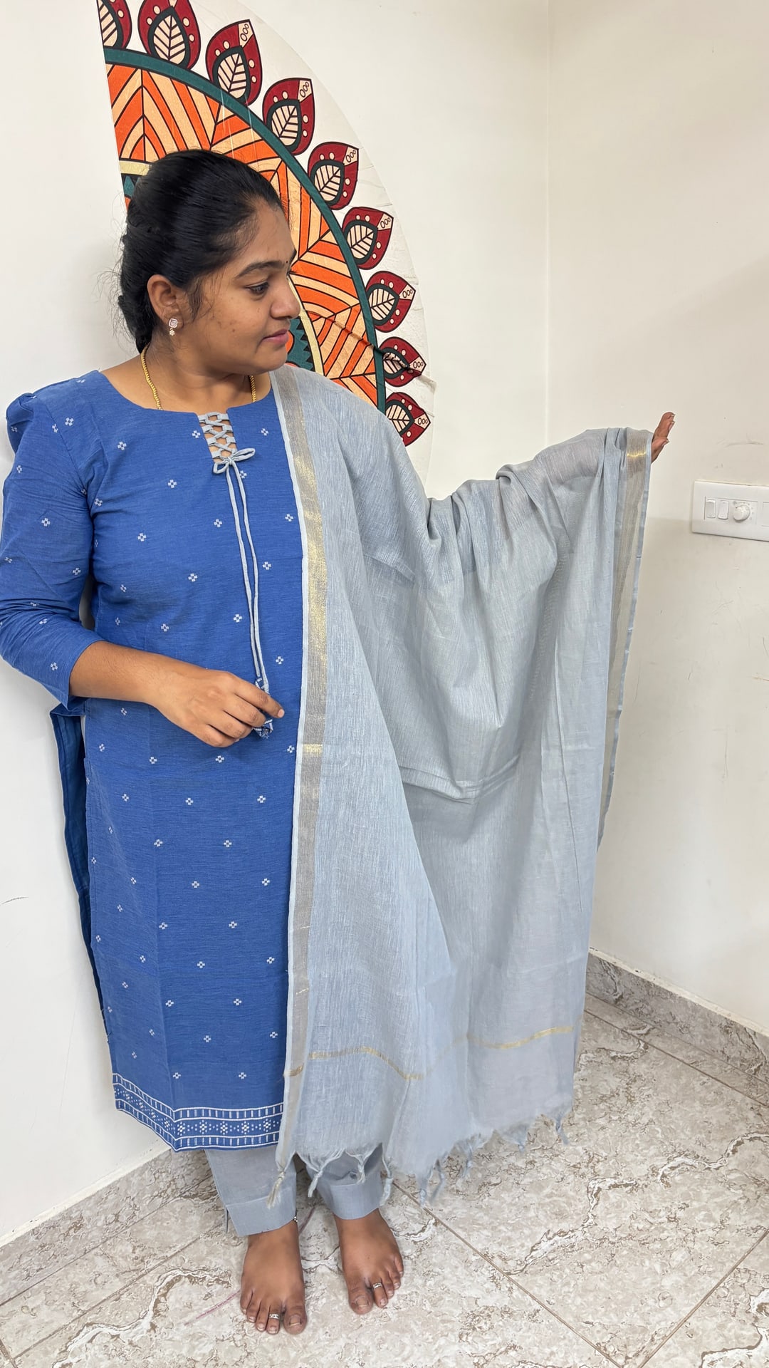 Denim Blue Handloom Cotton Salwar Set, photograph 2 of 8