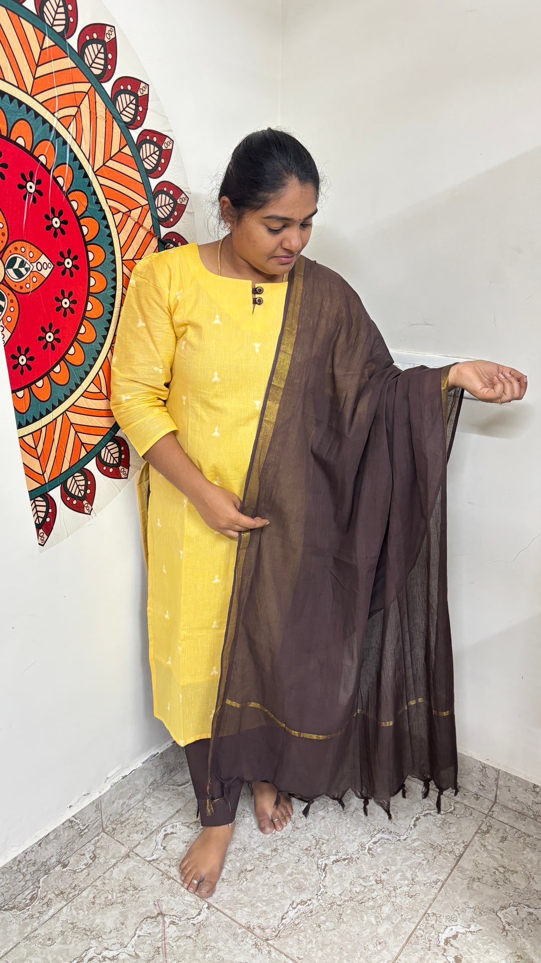Saffron Yellow Handloom Cotton Salwar Set, photograph 3 of 6