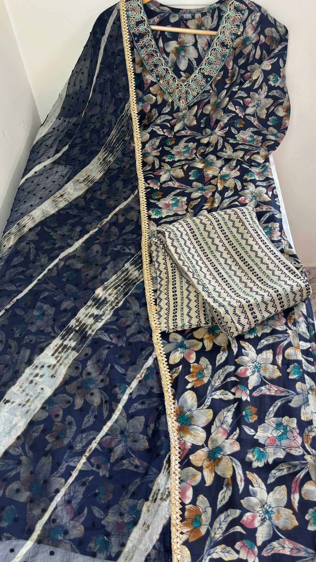 Navy Blue Ivory Floral Three Piece Set