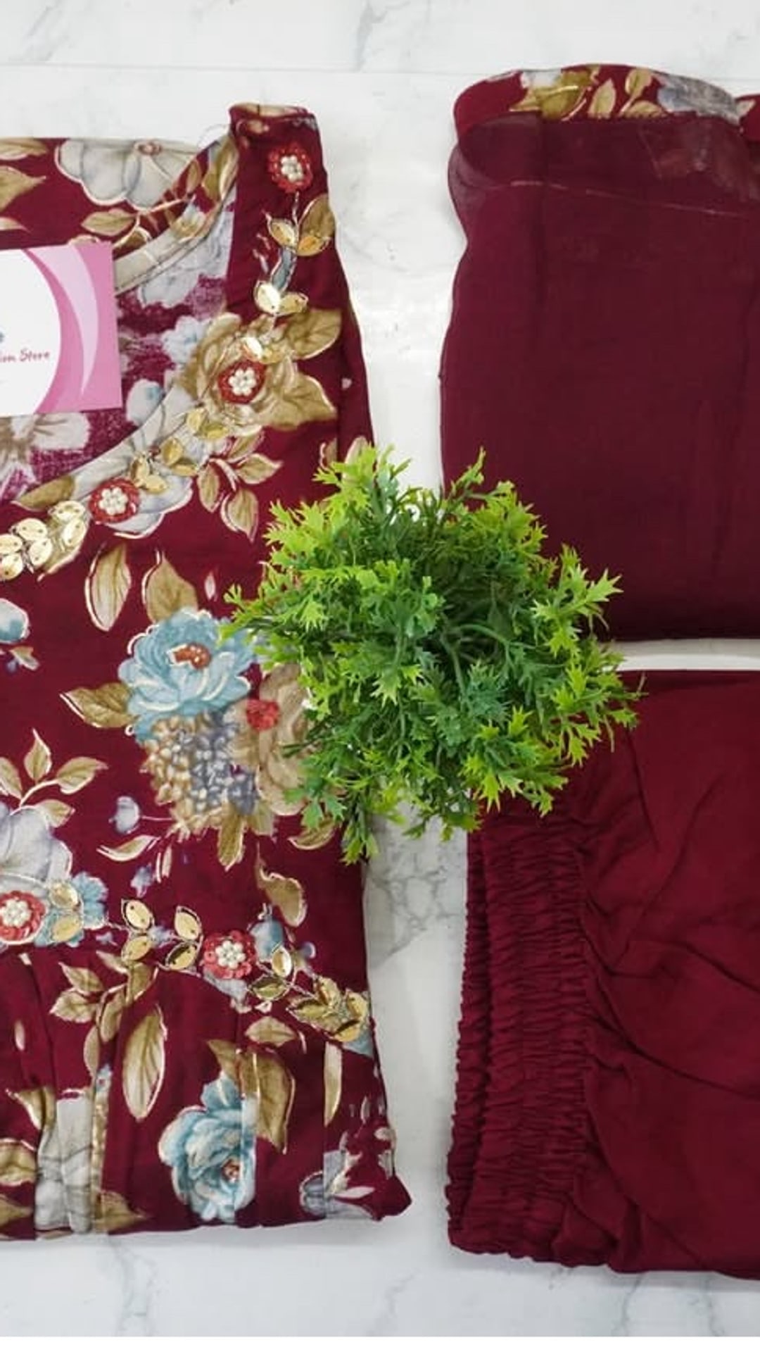Maroon Floral Alia Cut Three Piece Set, photograph 1 of 2