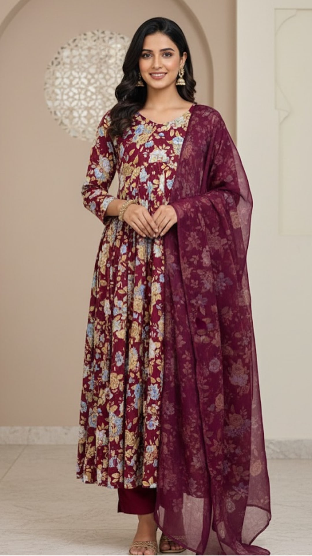 Maroon Floral Alia Cut Three Piece Set