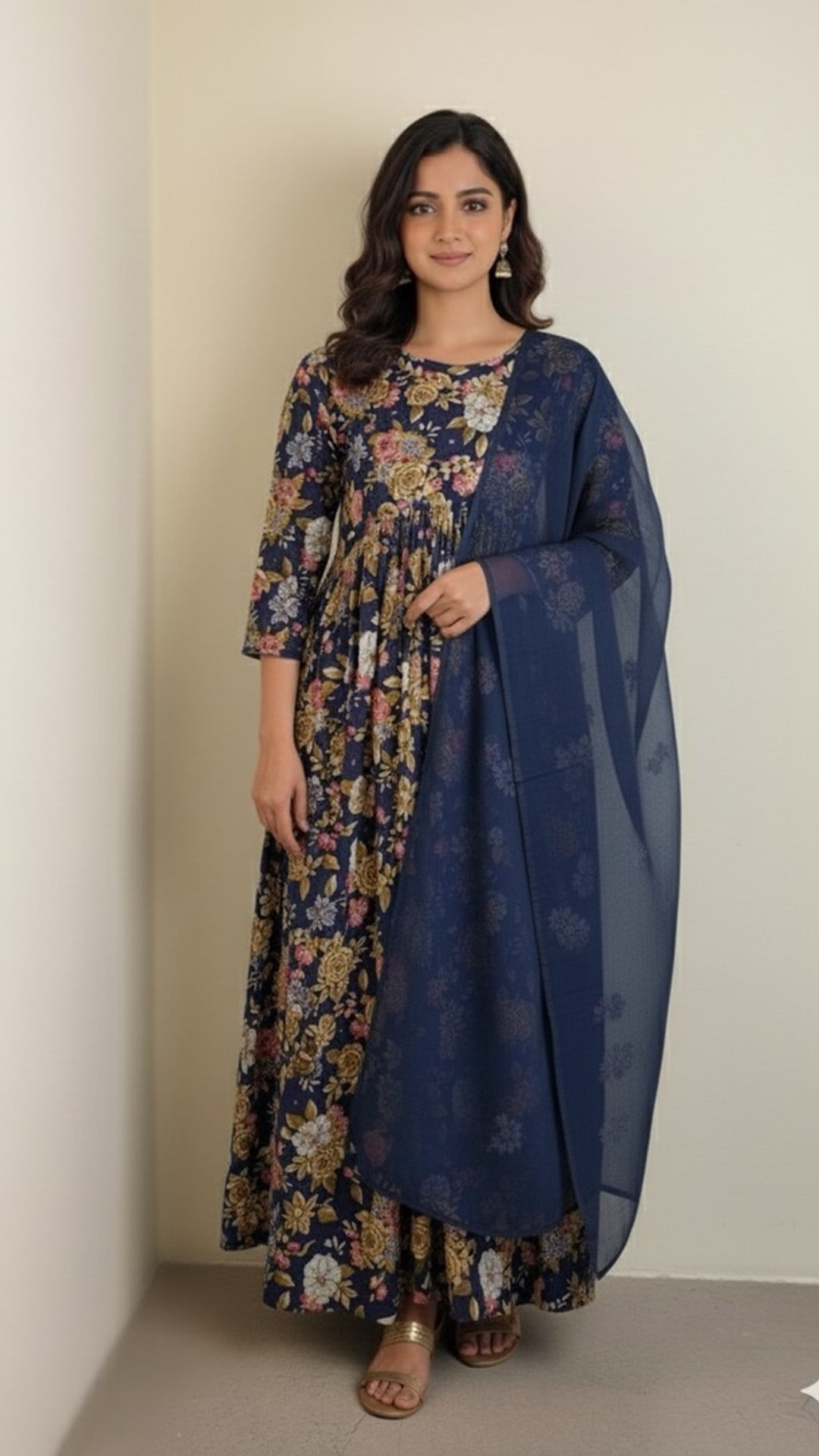 Navy Blue Floral Alia Cut Three Piece Set