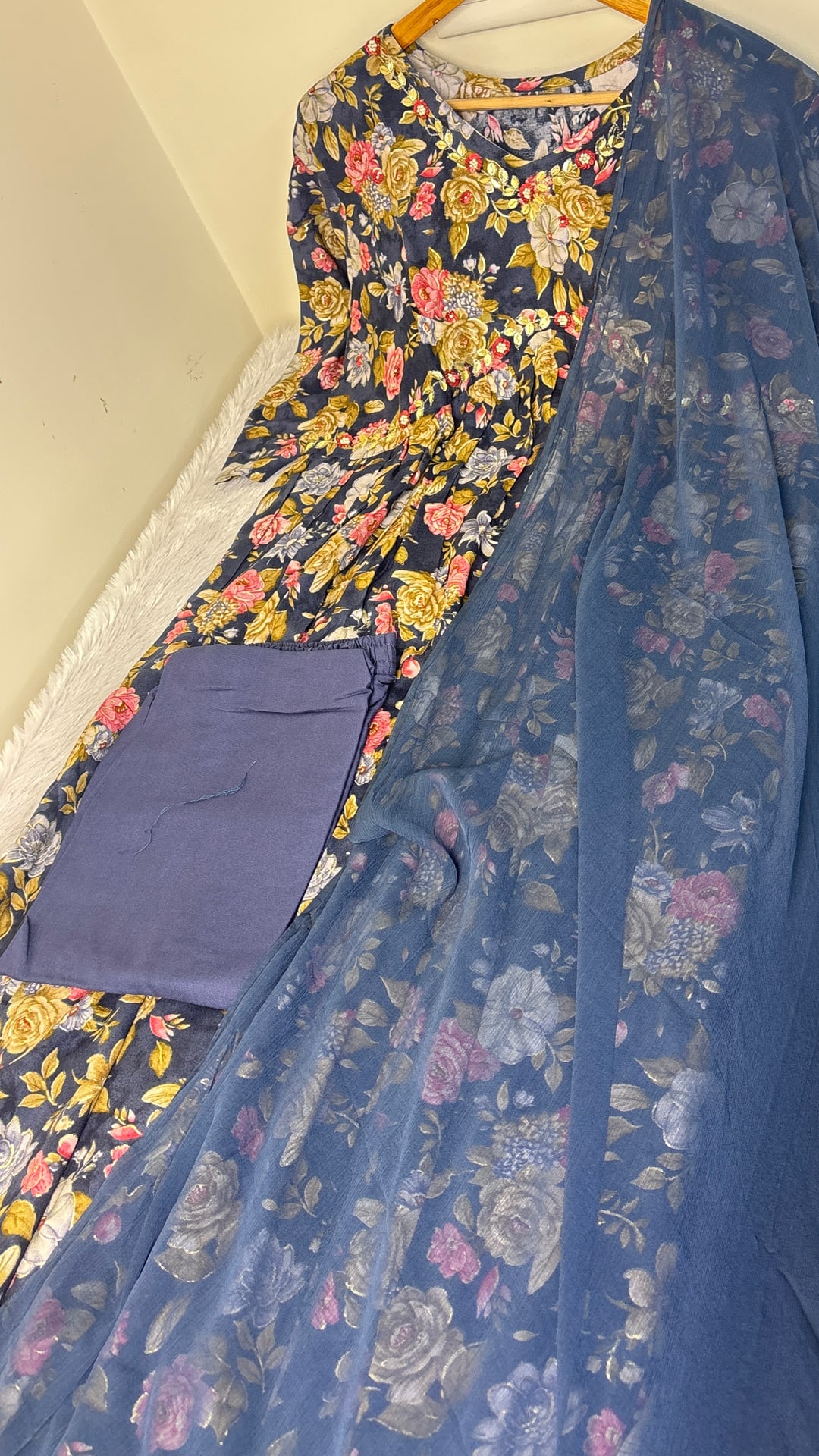 Navy Blue Floral Alia Cut Three Piece Set, photograph 2 of 4
