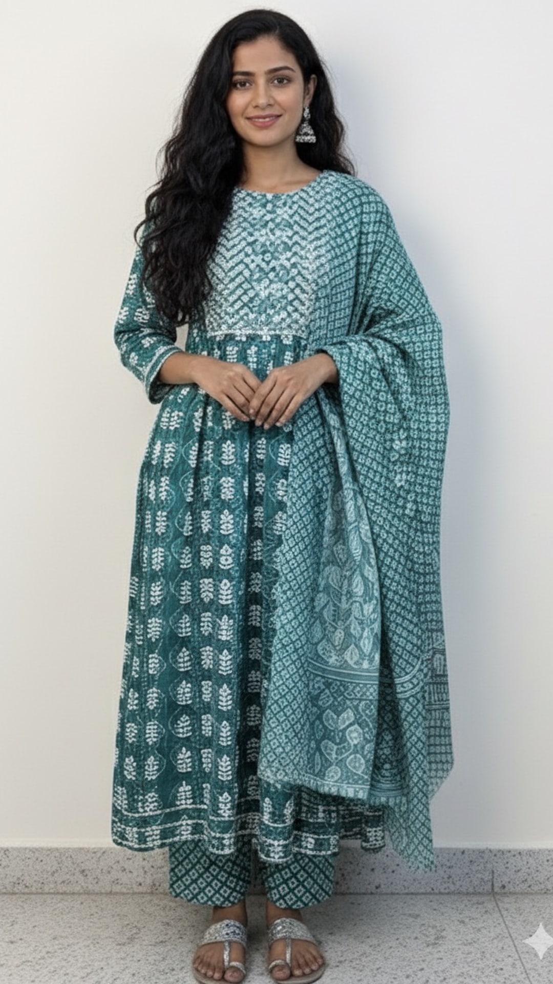 Teal Green Cotton Anarkali Three Piece Set