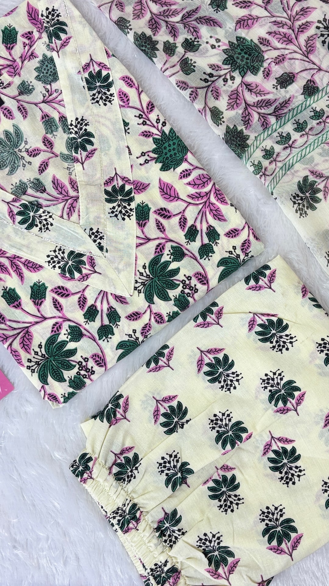 Cream Floral Jaipur Cotton Three Piece Set, photograph 1 of 2