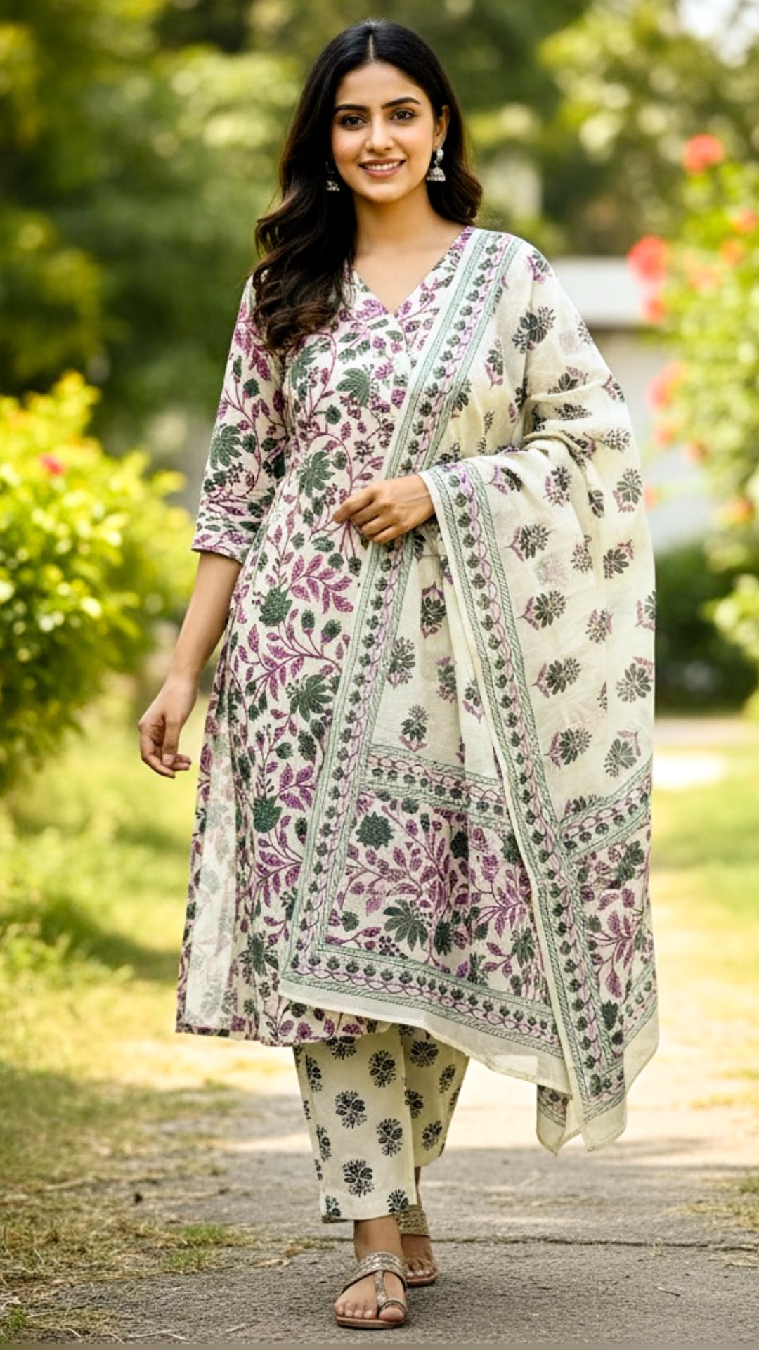 Cream Floral Jaipur Cotton Three Piece Set