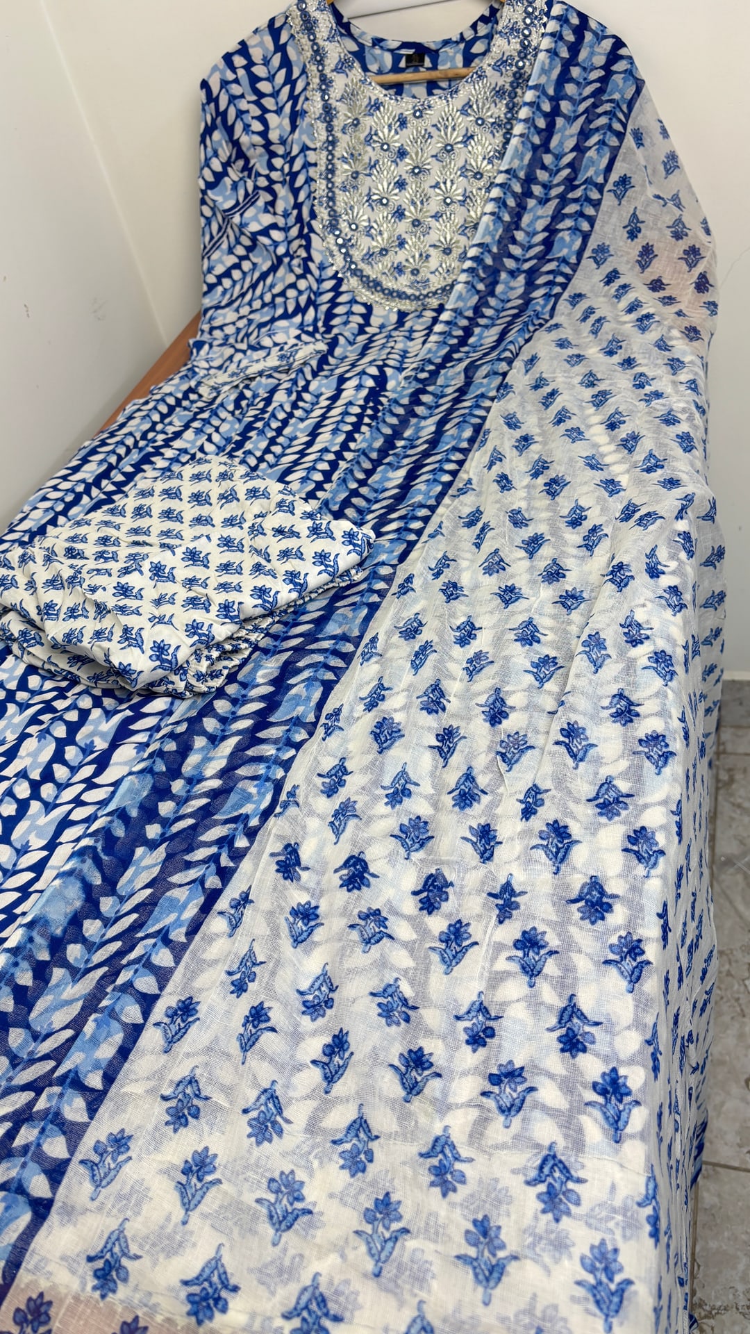 Indigo Blue Jaipur Cotton Anarkali Three Piece Set, photograph 2 of 3
