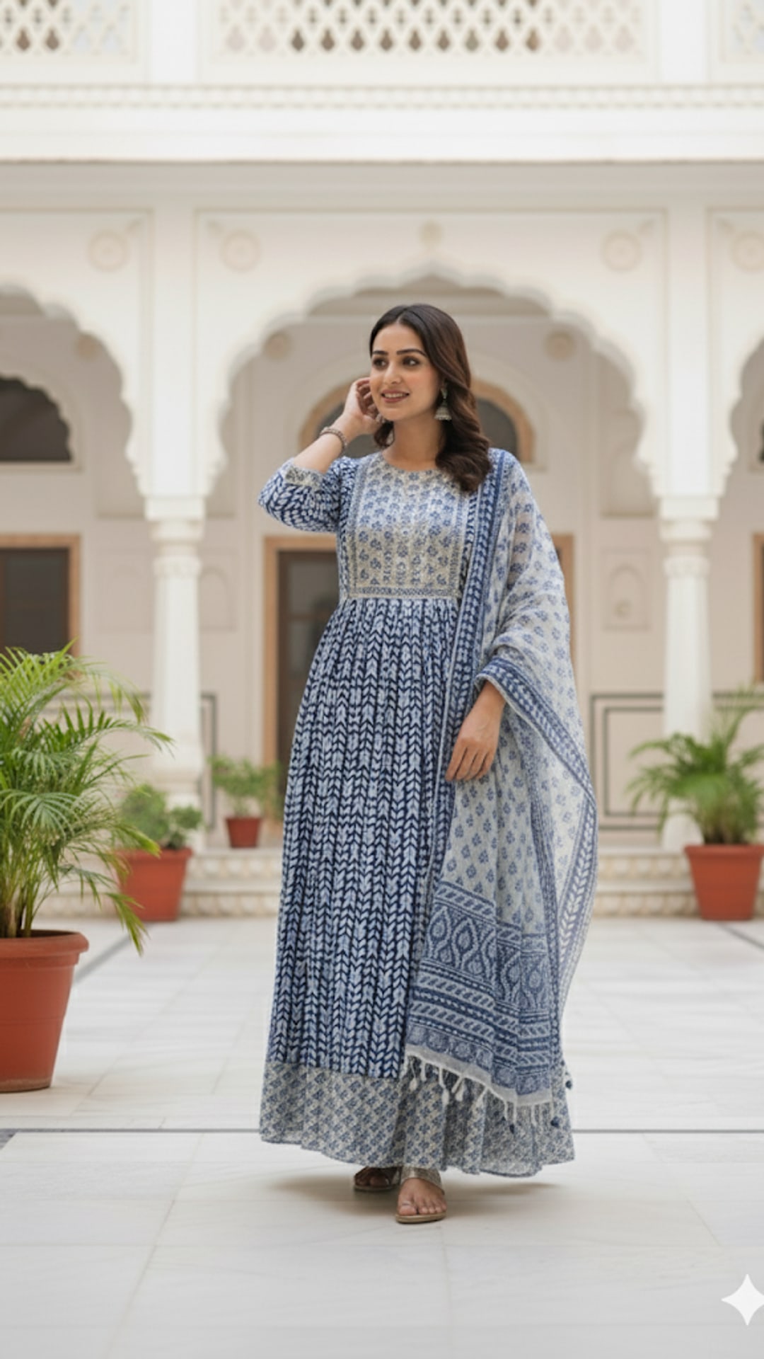 Indigo Blue Jaipur Cotton Anarkali Three Piece Set