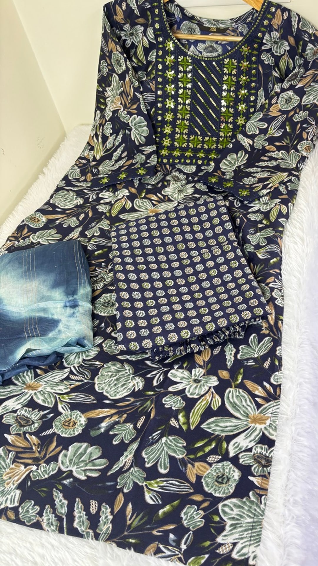 Navy Blue Sage Floral Three Piece Set