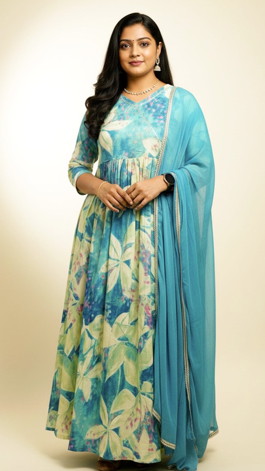 Sky Blue Anarkali Three Piece Set