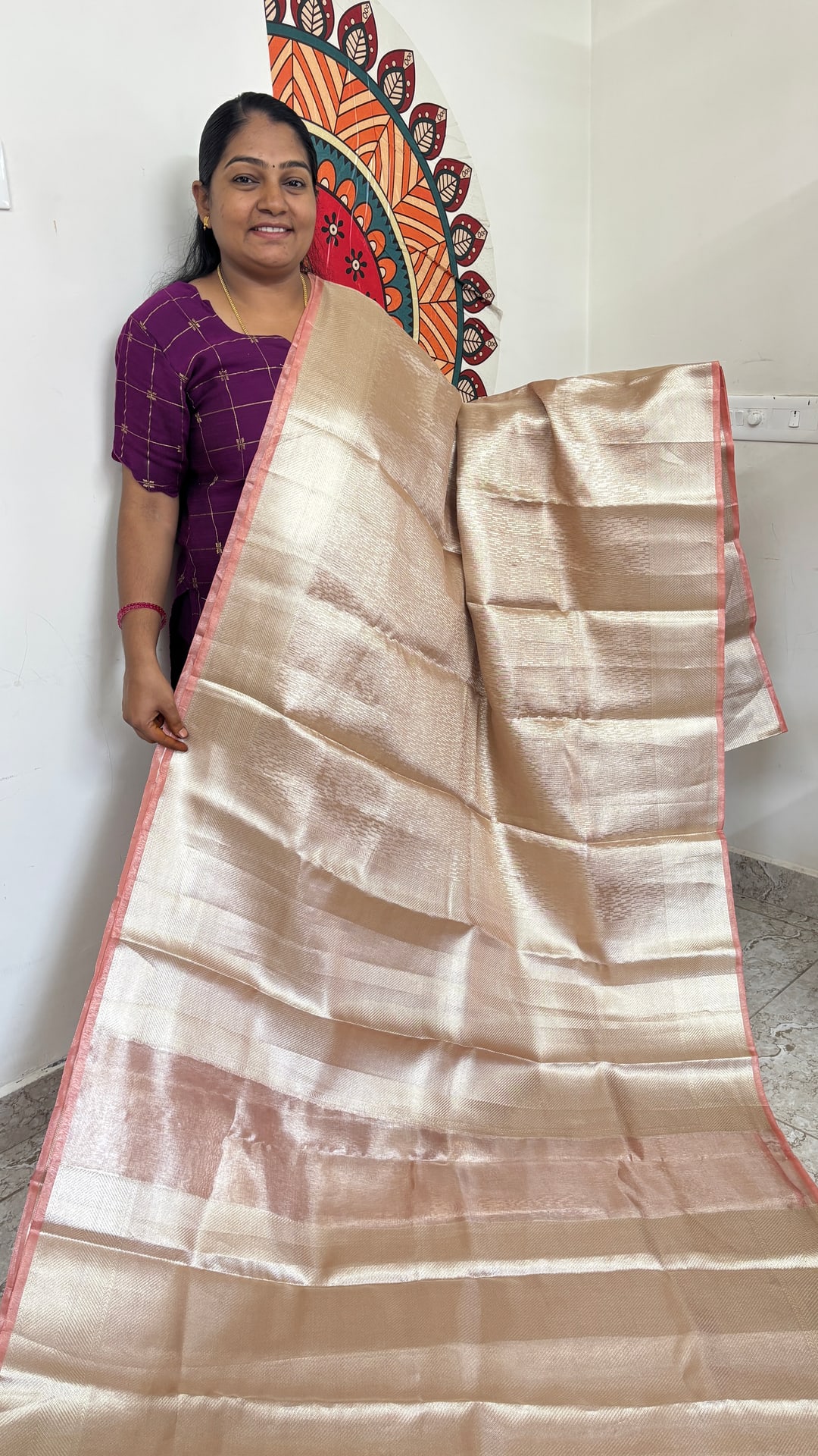 Peach Banarasi Tissue Saree with Silver Zari, photograph 1 of 1
