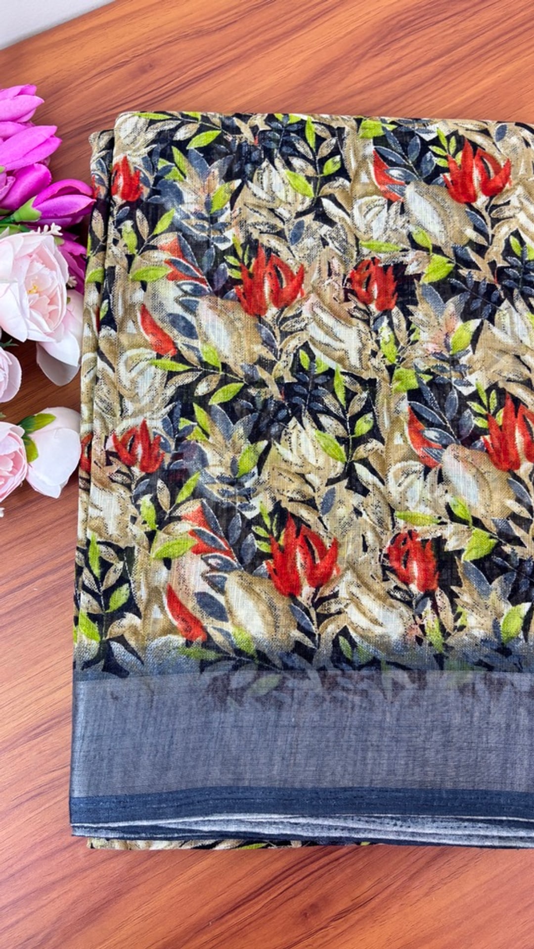 Navy Blue Linen Cotton Saree, photograph 1 of 1