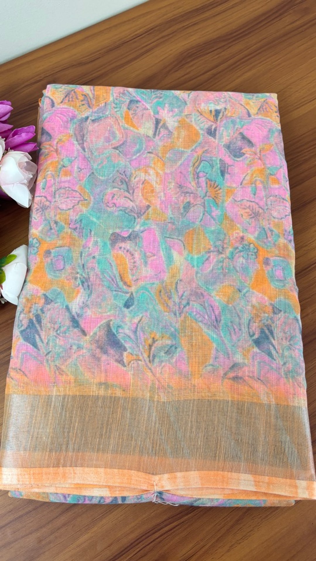 Peach Linen Cotton Saree, photograph 1 of 1