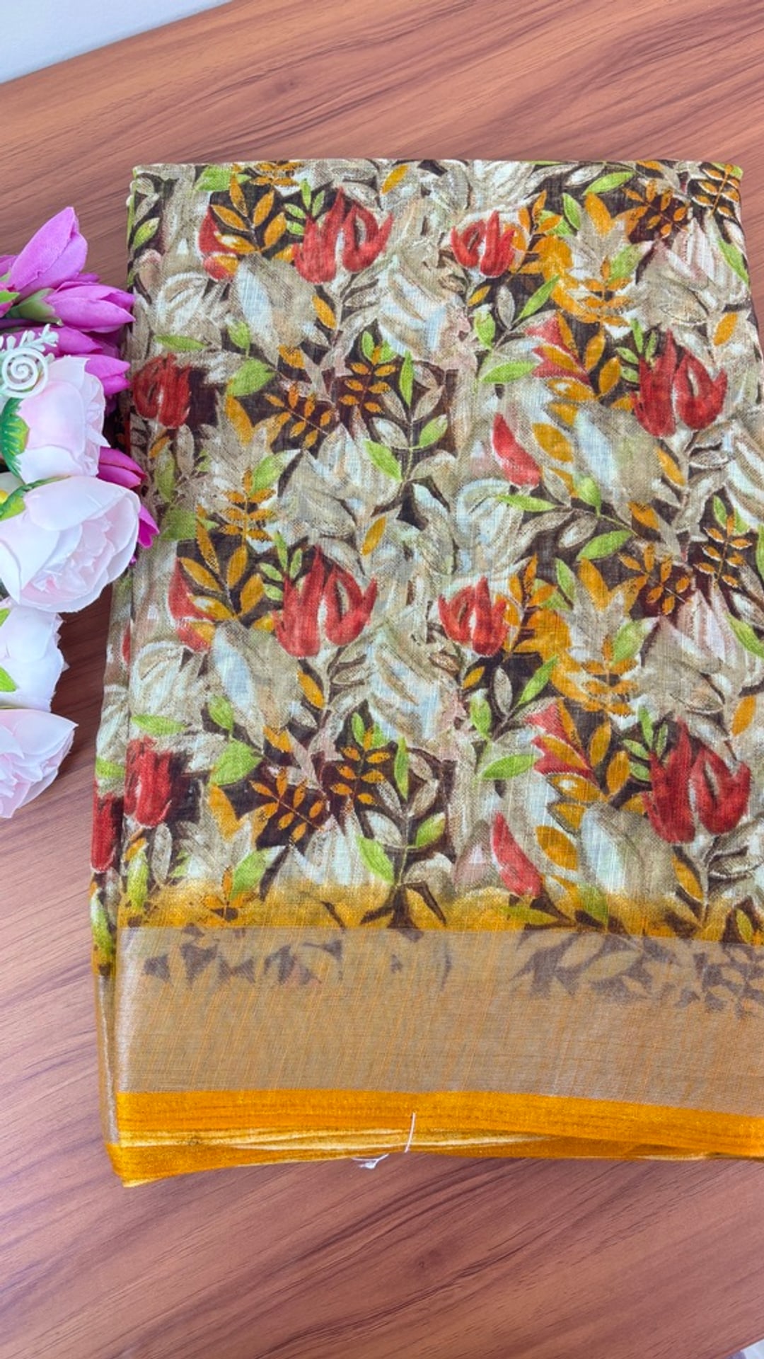Mustard Yellow Linen Cotton Saree, photograph 1 of 1