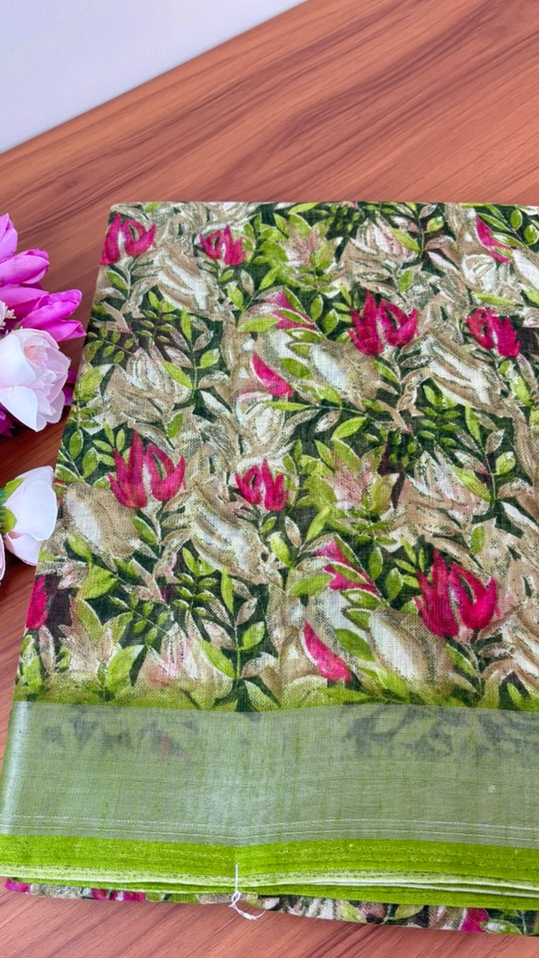 Parrot Green Linen Cotton Saree, photograph 1 of 1