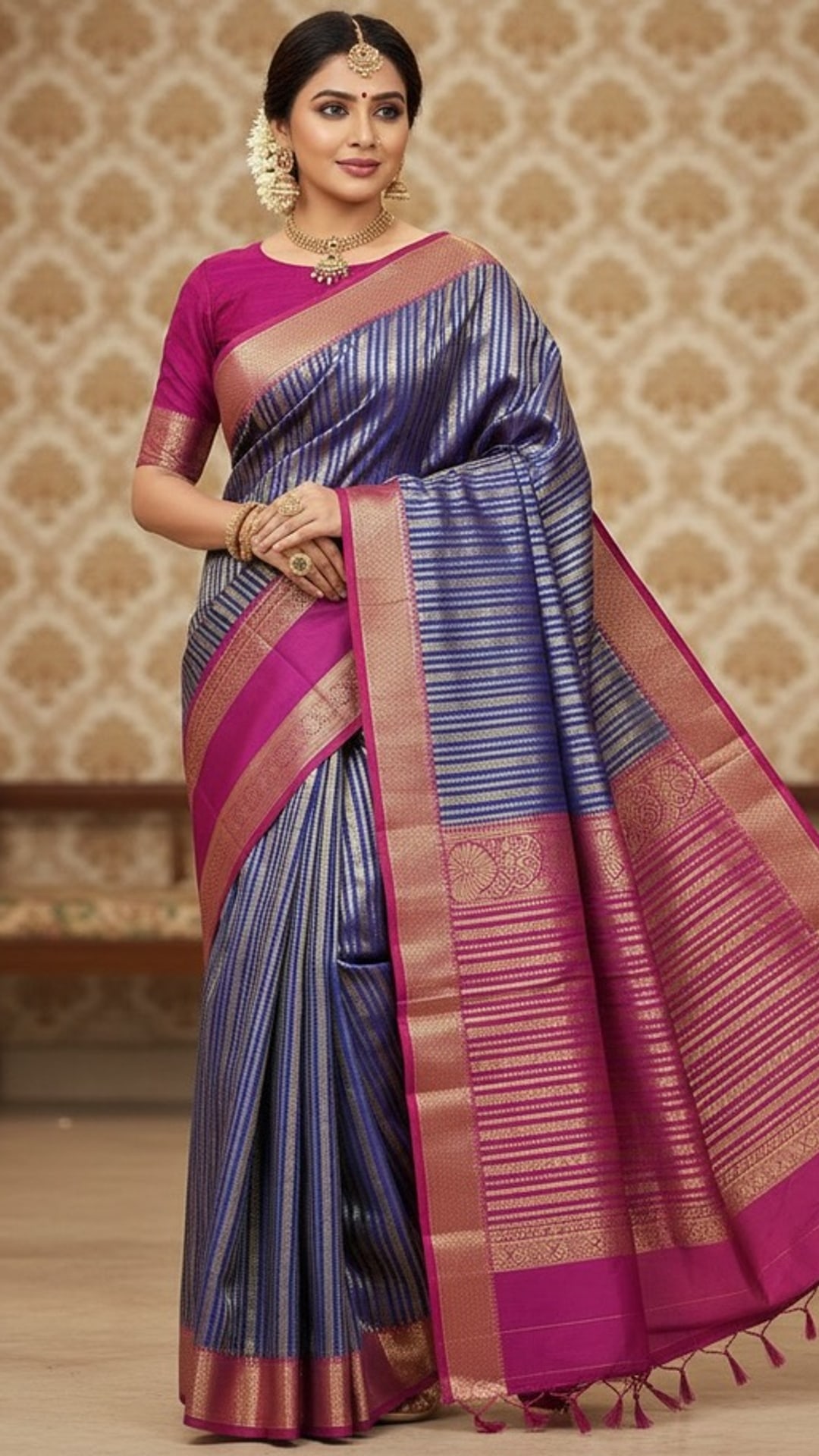Navy Blue Semi Silk Saree with Rettapetta Border, photograph 1 of 2