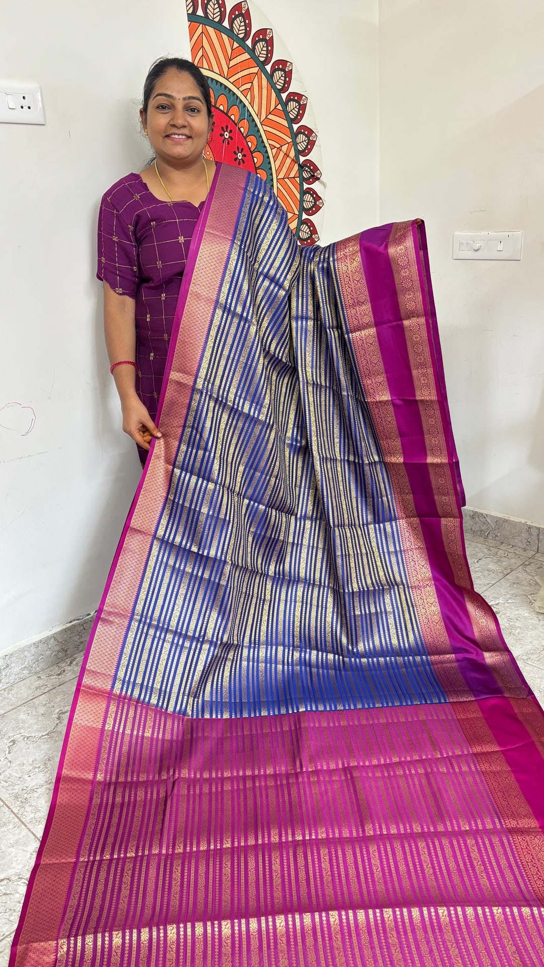 Navy Blue Semi Silk Saree with Rettapetta Border, photograph 2 of 2