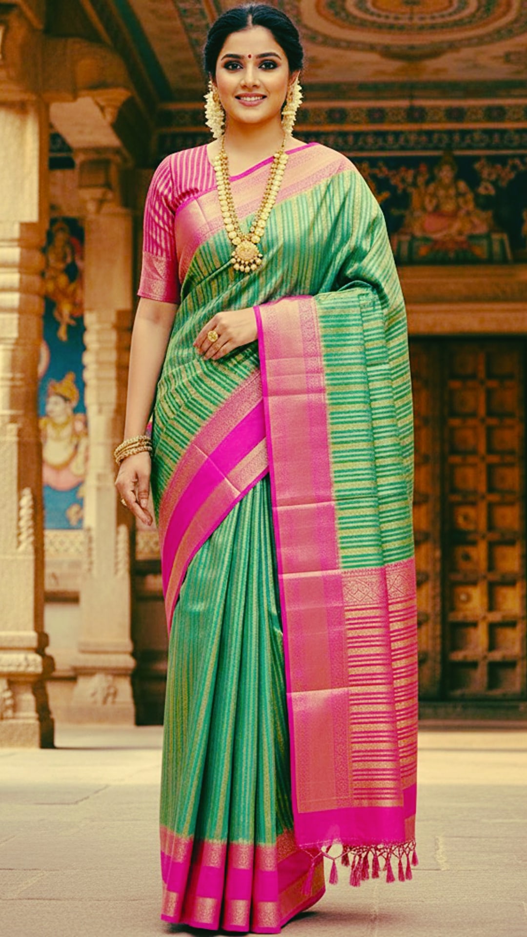 Parrot Green Semi Silk Saree with Rettapetta Border, photograph 1 of 2