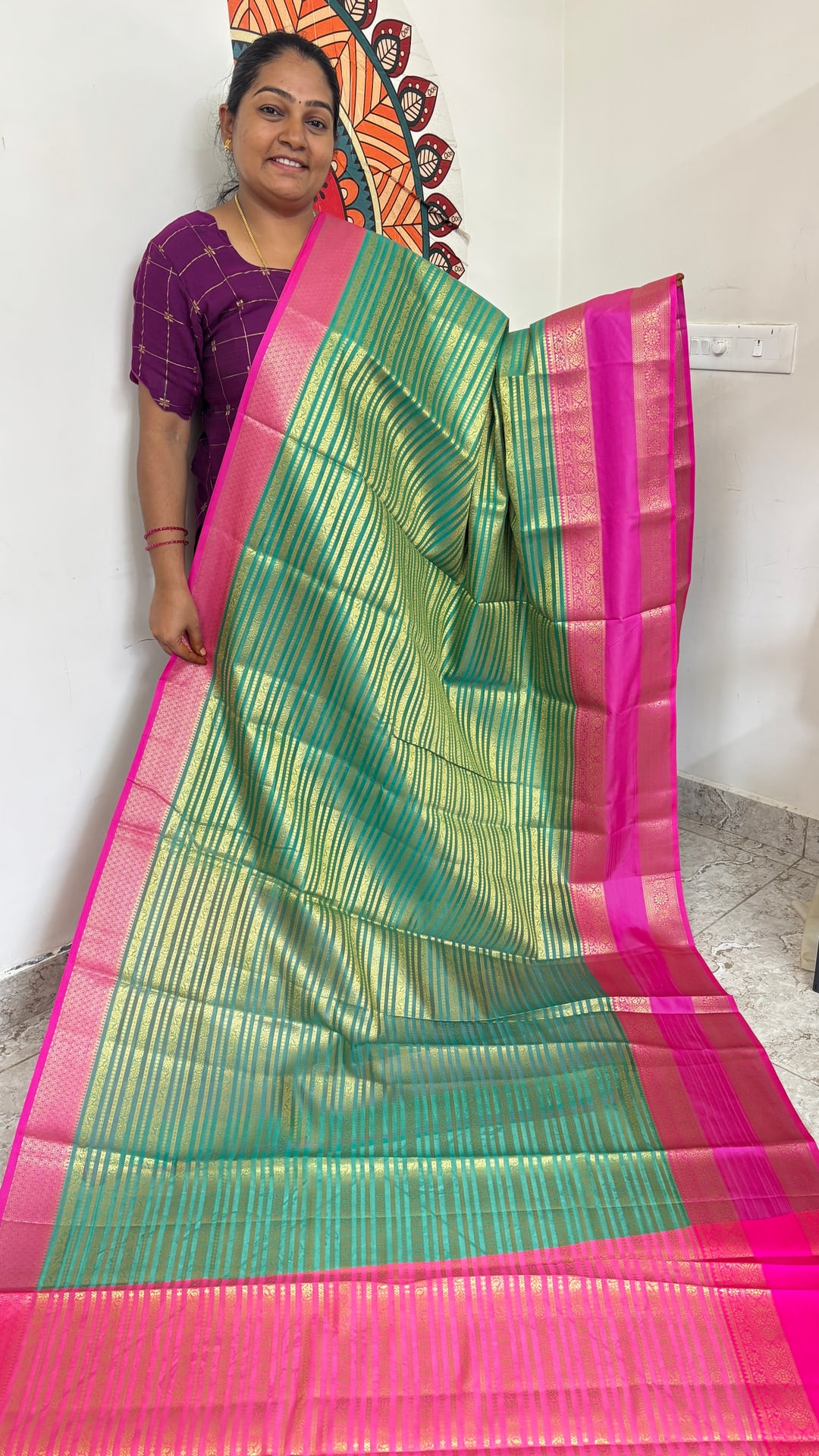 Parrot Green Semi Silk Saree with Rettapetta Border, photograph 2 of 2